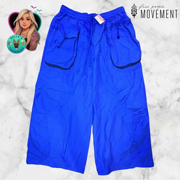 FP Movement Pants - Free People Movement Athlete Blue Wide Leg Parachute Cargo Pants Women Large NWT